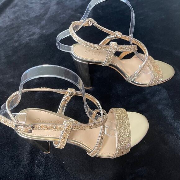 Badgley Mischka Jewel Women’s Gold Glitter Strappy Block Heel Sandals Size 8 - Picture 2 of 8